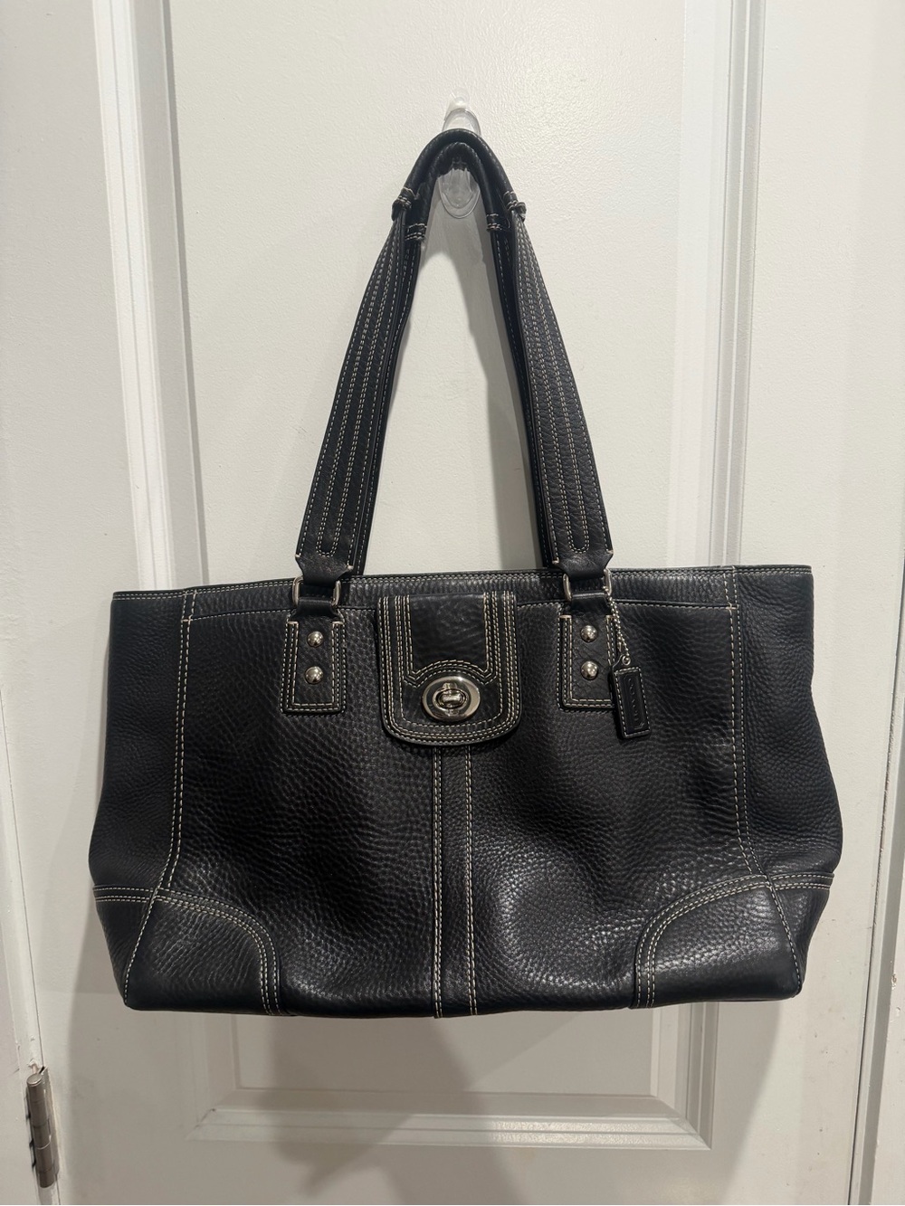 Coach Hampton pebbled leather satchel with white contrast stitching and silver